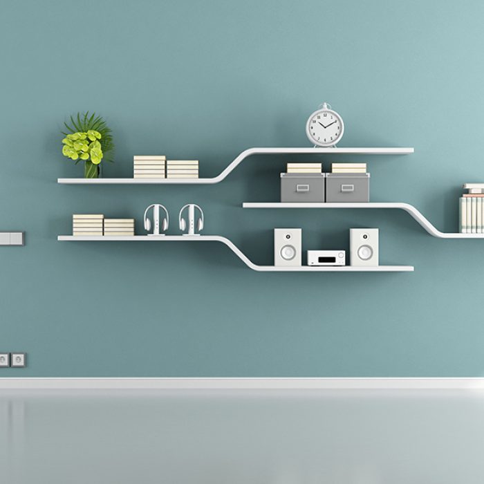 Blue living room with shelves and closed white door - 3d rendering