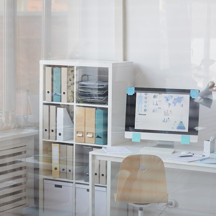 Image of workplace with computer with medical presentation on the screen at doctor's office