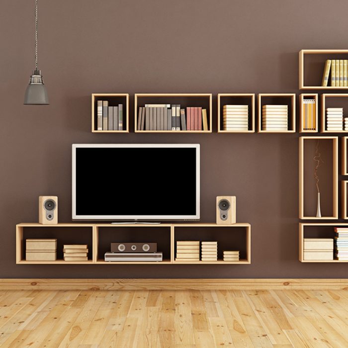 Brown living room with wooden bookcase and home cinema system - 3d rendering